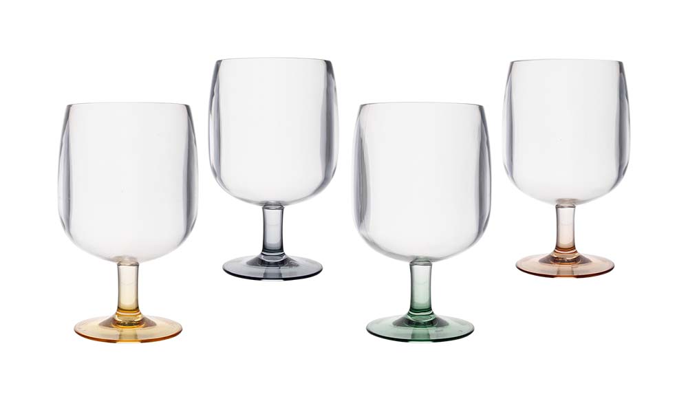 6101409 A set of 4  colorful stackable wine glasses from the Pastel collection. Made of strong plastic, virtually unbreakable and lightweight. The glasses are BPA free. The glasses combine nicely with other items from the Pastel collection.