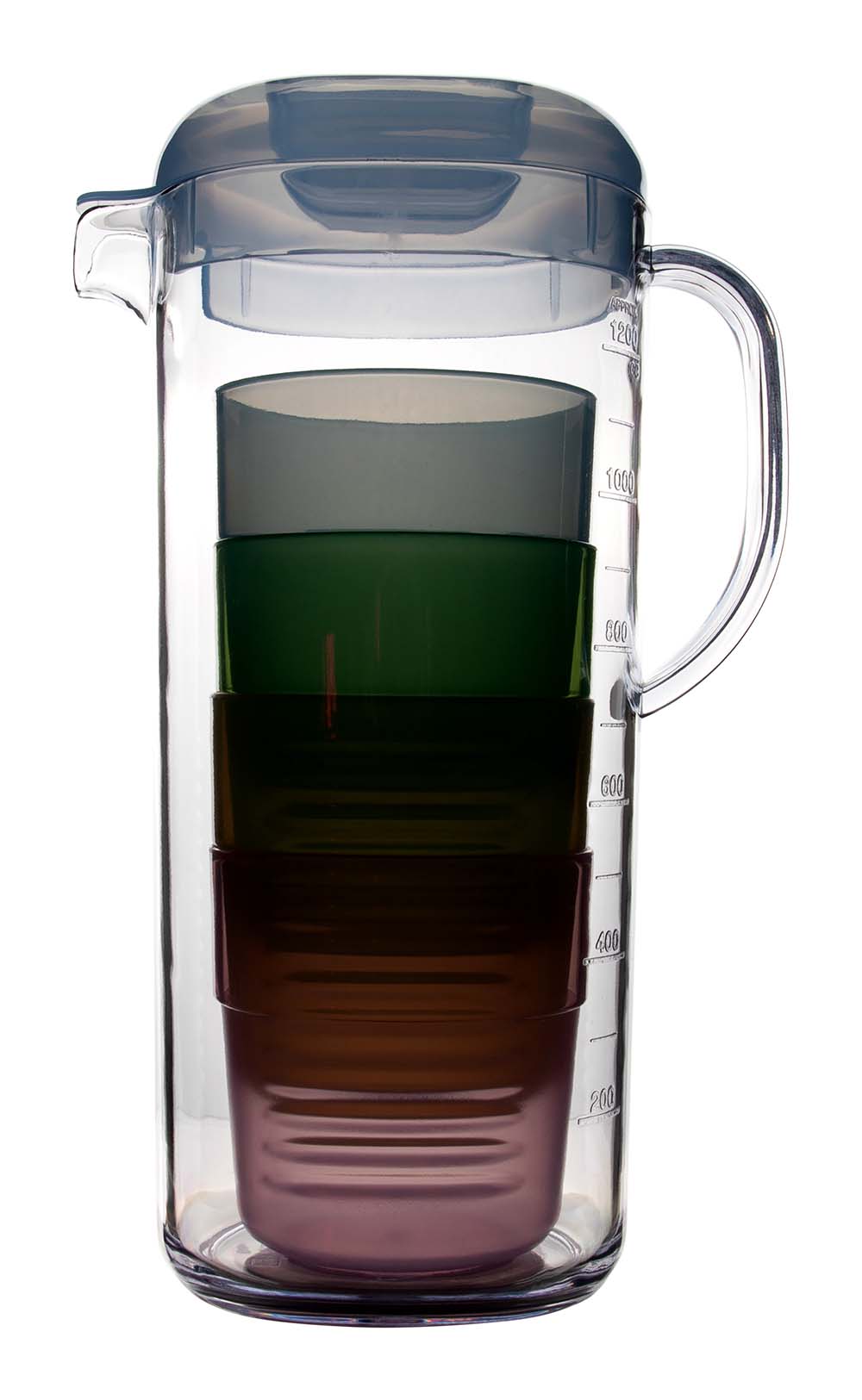 6101410 A handy plastic can with 4 glasses. Ideal for camping or for a picnic. The glasses can be stored in the jug, making it very compact to take with you.