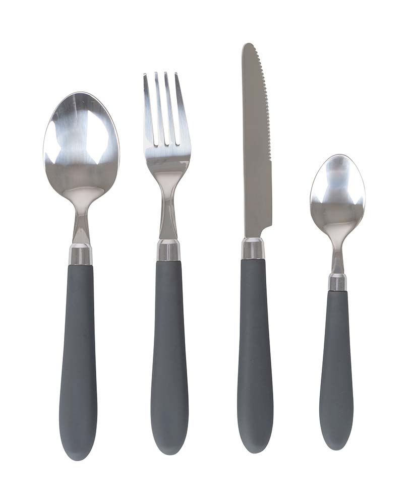 6102105 A 24-part cutlery set. This stylish and extra-sturdy set is suitable for 6 people and consists of 6 knives, 6 forks, 6 spoons and 6 small (tea) spoons. The handles on the cutlery have an extra comfortable feel and the set is highly durable. Made of stainless steel with a plastic handle, which gives the set a long product life.
