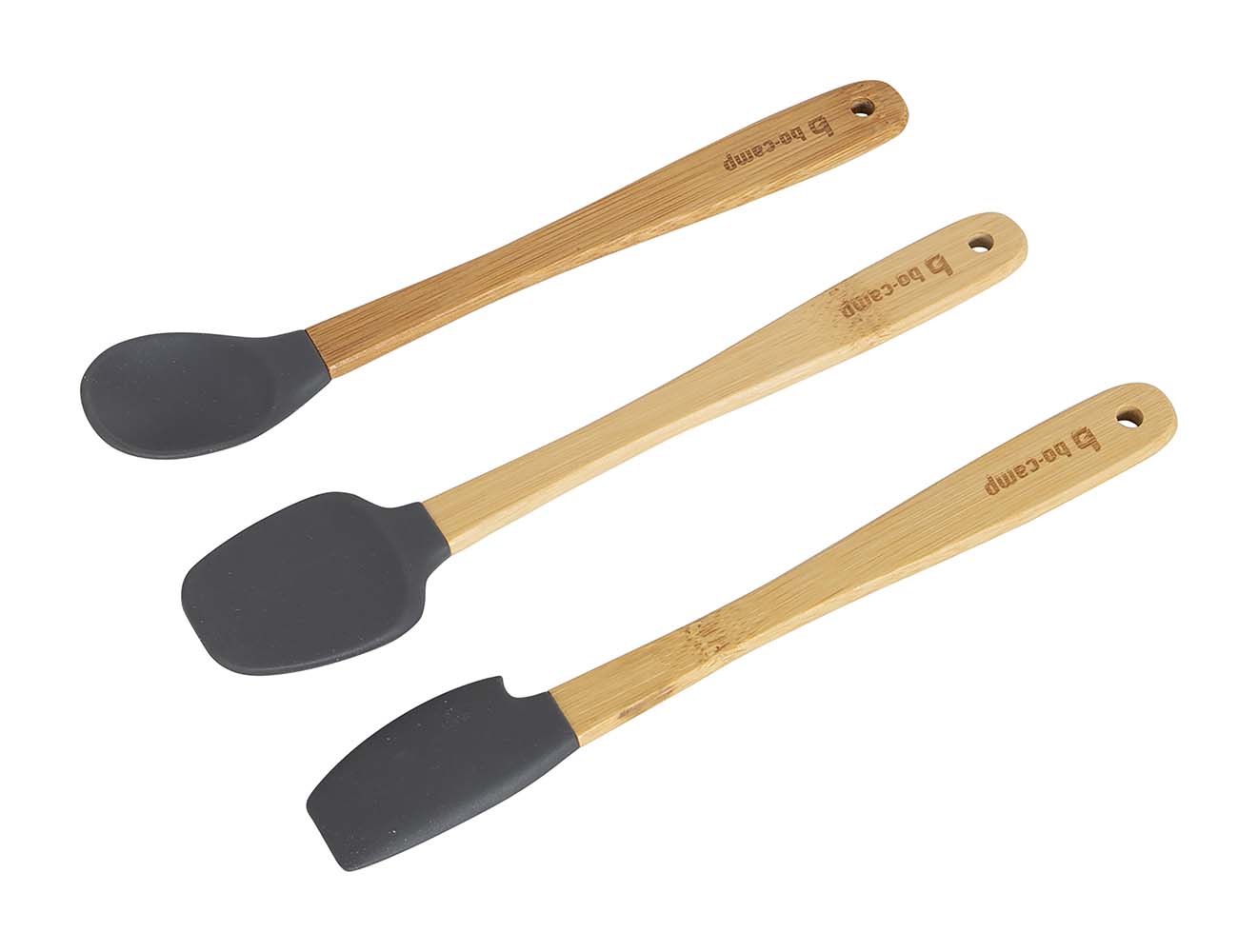 6102194 A 3-piece utensil set with bamboo handle and silicone tip. The kitchen utensils are light in weight, dishwasher safe and heat-resistant up to 200°C. The set consists of a spatula, scraper and serving spoon.