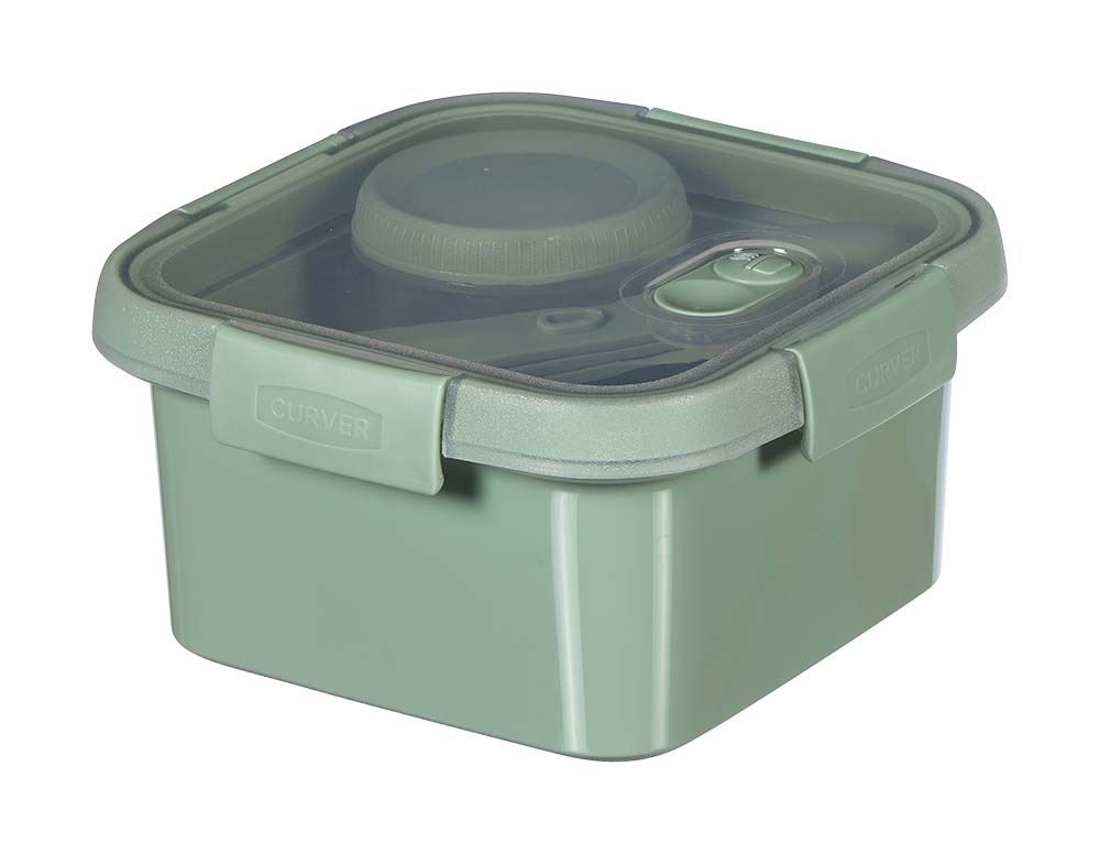6302233 Lid with 4 sturdy clips and a flexible seal to keep the contents fresh and prevent leaks. Includes a tray, sauce cup (0.8L), and a cutlery set with a fork, knife, and spoon. Steam valve on the lid for easy use in the microwave. Made of 100% recycled polypropylene, BPA and phthalate-free.