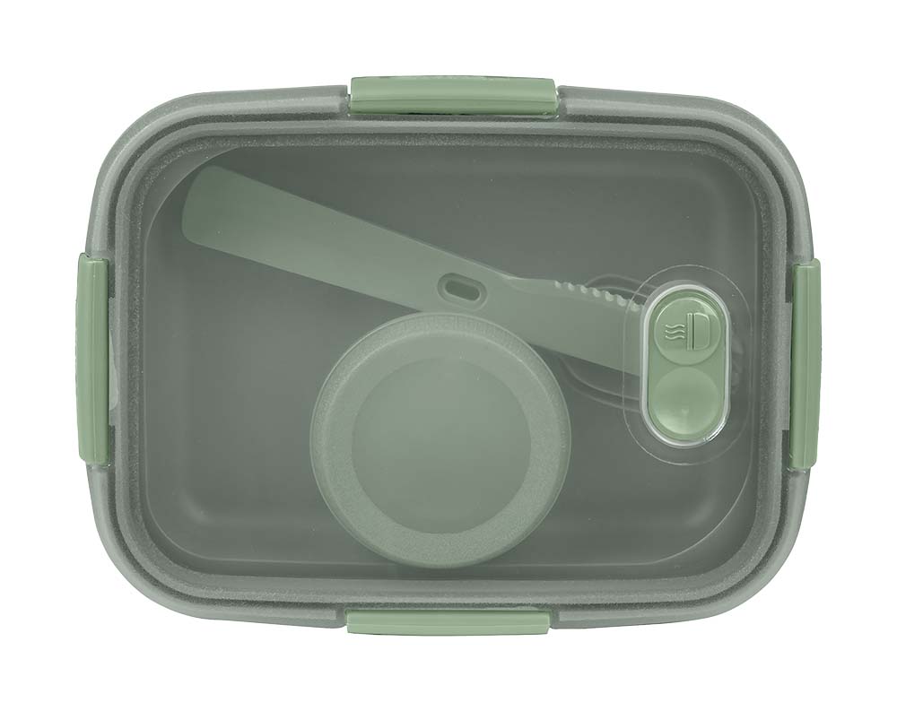 6302234 Lid with 4 sturdy clips and a flexible seal to keep the contents fresh and prevent leaks. Includes a tray, sauce cup (0.8L), and a cutlery set with a fork, knife, and spoon. Steam valve on the lid for easy use in the microwave. Made of 100% recycled polypropylene.