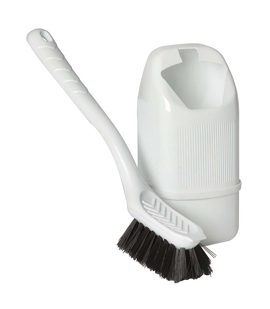 6321450 An extra-compact toilet brush and holder. Convenient to use in small (toilet) areas or in a chemical toilet. Can easily be hung by means of the holes at the back of the holder.