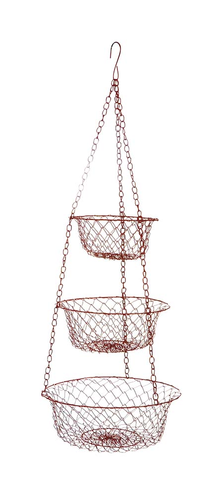 6381087 A three-piece set with collapsible hanging baskets. Consisting of 3 parts with diameters of 17, 20, and 23 centimetres. Easy to mount by means of the hook and can be stored compactly after use.