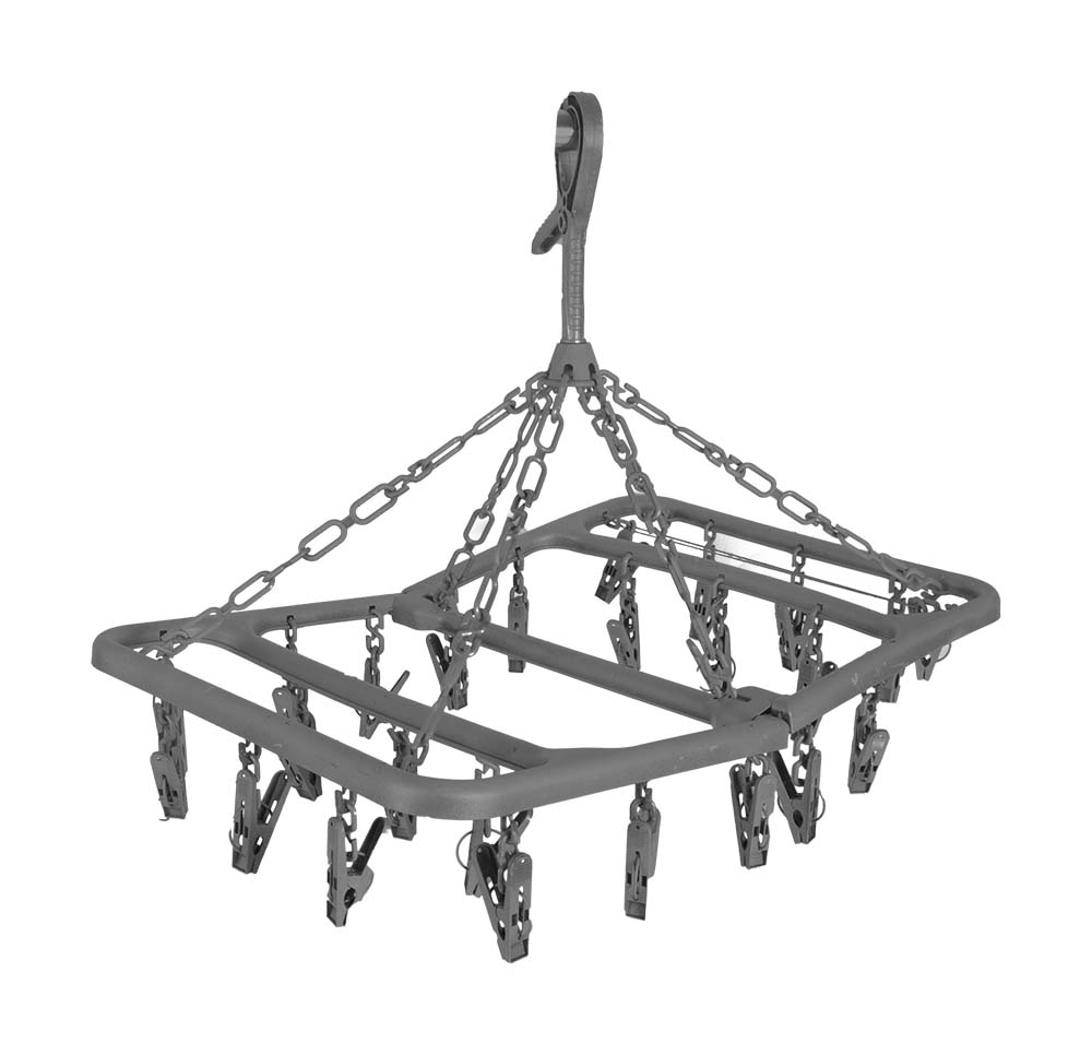 6415150 A rectangular drying carousel made of plastic. Can be fixed in many places by the suspension hook. Lightweight and very compact foldable. Has 24 clothespins.