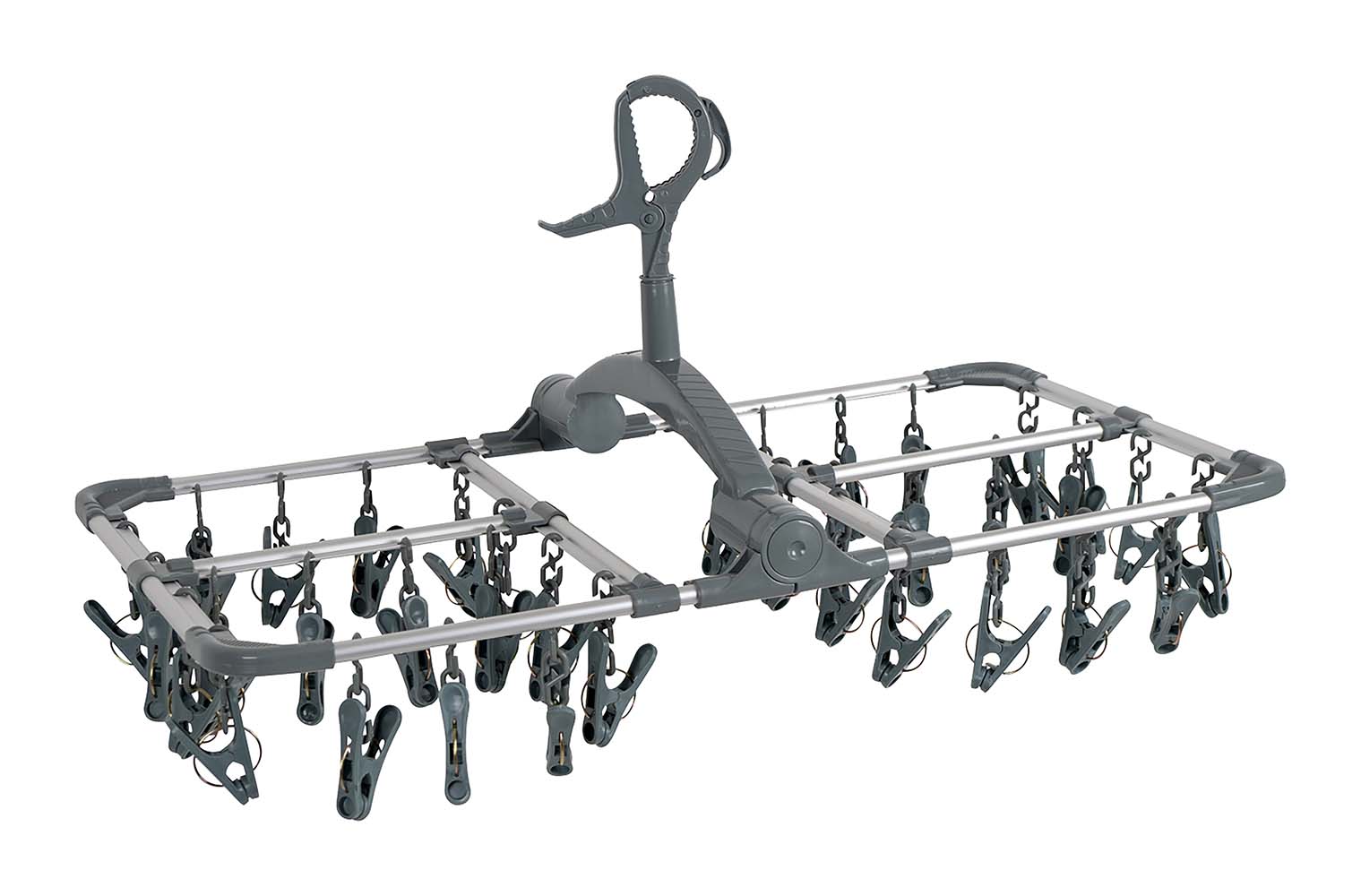 6415156 Extra-sturdy collapsible drying carousel. This drying rack is made of aluminium and equipped with a strong hook for mounting. Ideal for frying small portions. Comes with 36 clothes pegs.