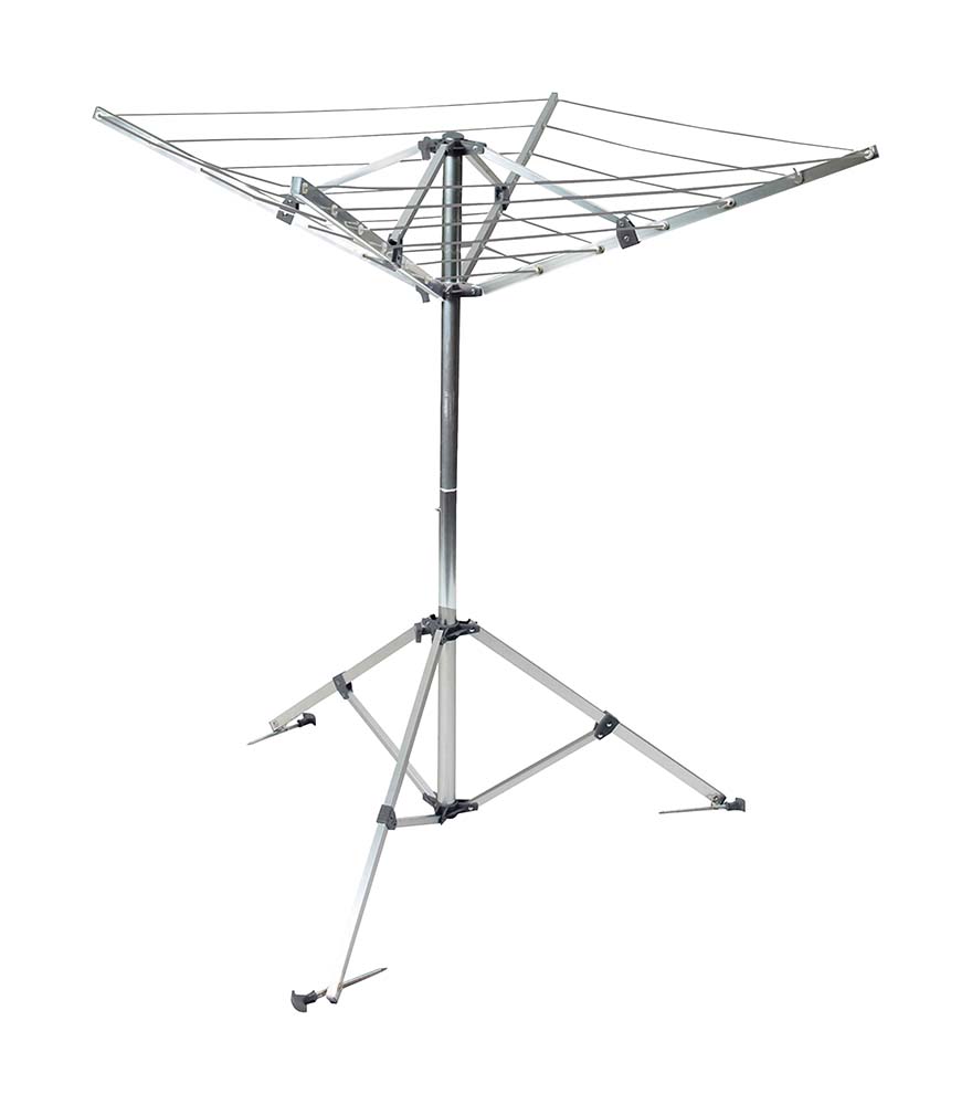 6415190 Sturdy drying rack with a detachable shaft and a detachable base. Without the base, the drying rack can be used on a hitch and the base can be used to support a satellite dish. This 4-arm drying rack has a line length of 15 metres and a shaft with a diameter of 38 millimetres. Supplied with pegs to anchor the rotary clothes-line storm-proof and a carry bag