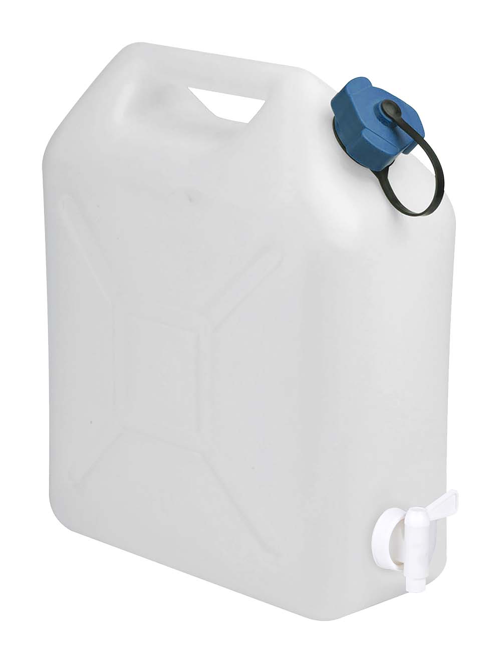 6603650 A jerrycan with a tap. With strong walls, a breather cap and a movable tap for pouring.