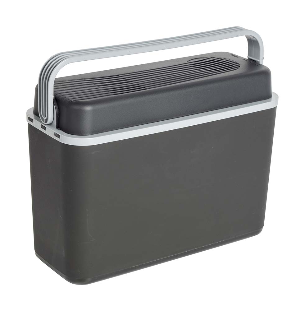 6702862 A lightweight and very compact cool-box with a 12V connection. This cool-box has a compact format. This makes the cool-box ideal for behind the car seat, in the bicycle bag, a trip to the beach or to the park. The lid is locked to close the cool-box with the handle. Inside dimensions: 37x14x22 cm.