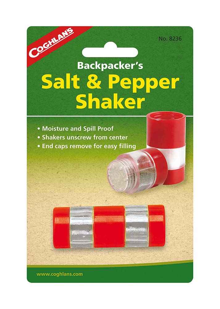 7698236 Very compact and sturdy pepper and salt set. Ideal for use in the tent. The containers are easy to refill by unscrewing the caps. In the middle, there is a coupling that attaches the two parts to each other. In this way the salt and pepper parts stay together, and if something would accidentally spill out of the container it will remain in the coupling and not fall in your backpack.