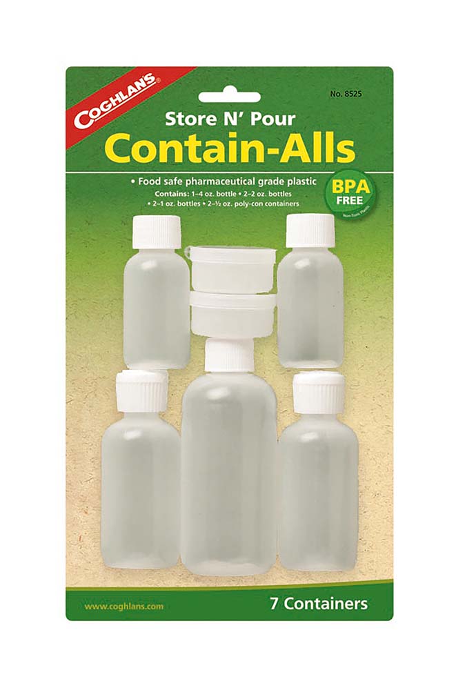7698525 A set of seven reusable storage bottles. For the storage of liquids and/or solids. The bottles are suitable for the storage of foodstuffs, because they are odourless and taste free. Content bottles: 1x 120ml, 2x 60ml, 2x 30ml, 2 x 15ml.