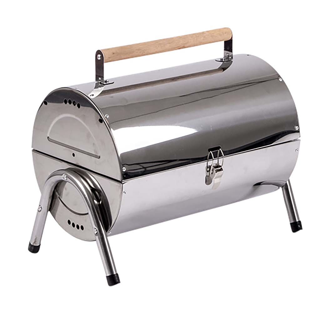 8108381 A very stylish and cozy charcoal barbecue. Compact foldable (lxwxh: 24x42x35 cm) and very easy to carry with you. The barbecue has a solid and stainless steel construction and is equipped with 4 grids and ventilation holes on the sides. When the BBQ is unfolded both sides can be used. Ideal for vacations but also at home in the garden.