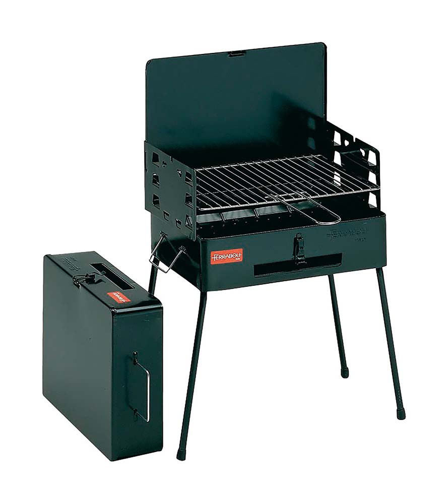 8130000 A very user-friendly barbecue grill in suitcase format. This charcoal grill is produced in Italy according to old traditions and quality requirements. Made of high-quality materials and with luxury finishing. In addition, the grill is adjustable in 3 positions and the BBQ is protected by a wind shield. By removing the four legs, this grill can be folded into a very compact portable case. This makes it easy to take along when travelling.