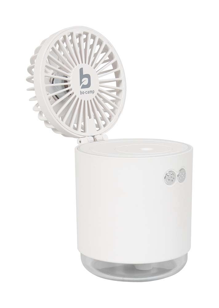 8520964 A small and unique fan with humidifier. Ideal for cooling during hot days! The fan is equipped with a sprinkler. This gives a nice cold breeze from the fan. Great for camping, at home or on the balcony! The battery is rechargeable via USB. The fan has a battery capacity of 2000 mAh and has a water tank capacity of 220 ml. The fan works as follows: change the speed by pressing the fan button. Click on the spray button to switch between continuous spraying of water and intermittent spraying. Press the spay button again for turning off.