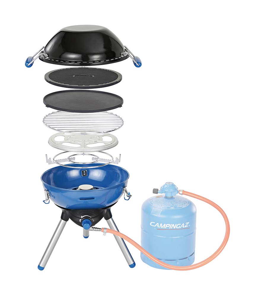 8823718 Multifunctional party grill. This party grill can be used to fry, grill and cook thanks to the various grills and plates. The lid can also be used as a wok. Cooks healthily and is easy to clean thanks to the special fat collection system with water. The piezo system makes lighting easy. Can be used in combination with CV470 or CV300 gas cylinders and has a 2000 Watt capacity.