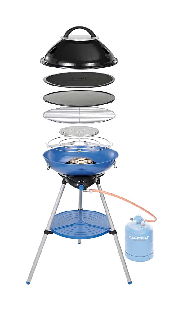 8825701 Multifunctional party grill. This party grill can be used to fry, grill and cook thanks to the various grills and plates. Cooks healthily and is easy to clean thanks to the special fat collection system with water. The lockable lid makes this device easy to move and store. The piezo system makes lighting easy. Can be used in combination with R904 or R907 gas cylinders and has a 2000 Watt capacity.