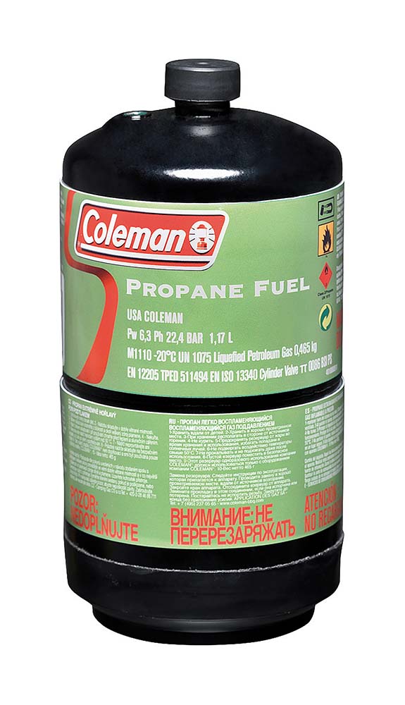 8904488 A propane cylinder. Suitable for Coleman lanterns and stoves that use propane gas. Also functions at a very low temperature and/or oxygen level. This means that the gas can be used at low temperatures and at higher altitudes. Filling weight: 465 grams.