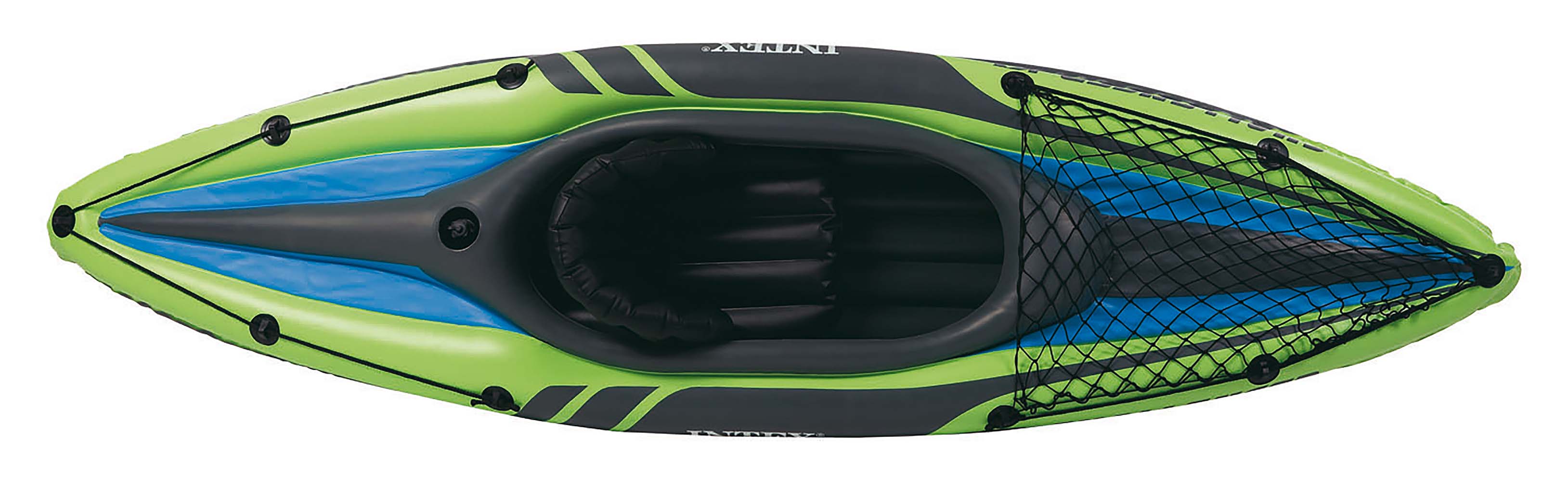 9668305 An extra sturdy inflatable single kayak. A complete set to hit the water right away. Has a handy baggage net and a storage compartment behind the back rest to take the necessary baggage. In addition, this kayak has a fin under the boat for extra manoeuvrability. The kayak has 3 air compartments with a quick-fill/deflate valve. Comes with 2 aluminium paddles, an inflation pump, a repair kit, a grip rope and a handy carrying case.